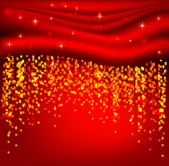 Poster - background with red curtain and shiny garlands