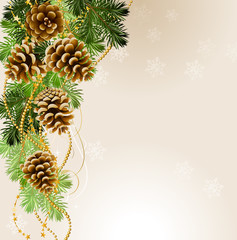 Wall Mural - light Christmas background with vitality cones and fir tree