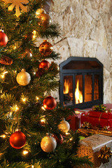 christmas tree and fireplace