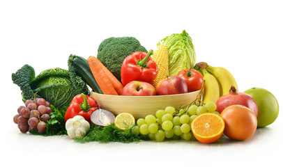 Composition with vegetables and fruits isolated on white