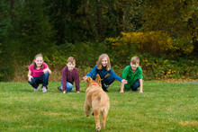 Group Of Children With A Dog Running Towards Them