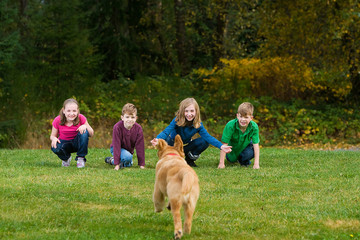group of children with a dog running towards them