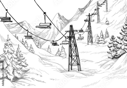 Mountain Ski Lift Chairs Pencil Drawing Buy This Stock Vector