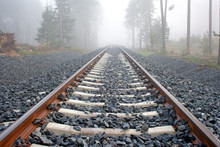 Railway Rails In Foggy Autumn Day