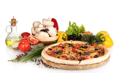 Wall Mural - delicious pizza, vegetables, spices and oil isolated on white