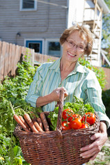 Wall Mural - Senior woman holding basket full of vegetables