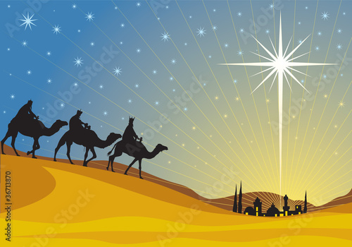 Fotografía Classic three magi scene and shining star of Bethlehem.