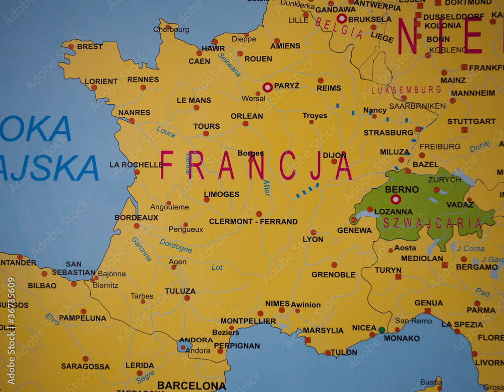 Detailed map of  France,Switzerland - obrazy, fototapety, plakaty 