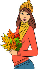 Wall Mural - Vector beautiful girl with autumn leaves