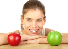 Smiling Girl With Red And Green Apple