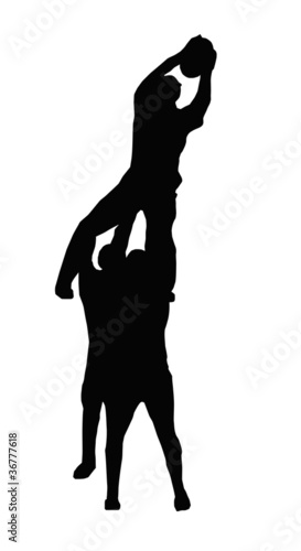 Board z aluminiowym obramowaniem Sylwetka sportowa - gracze rugby wspierający skoczka lineout