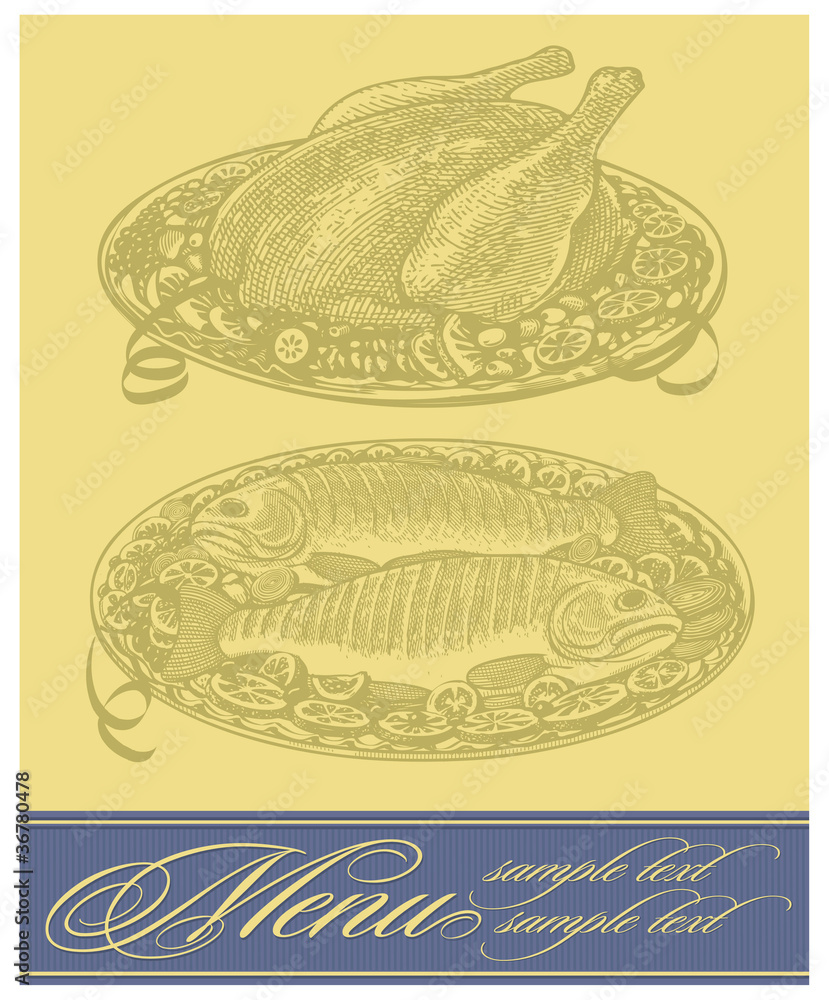Vector restaurant menu design with roasted chicken and fish Stock ...