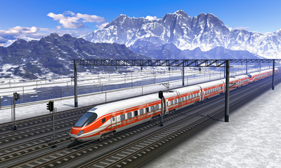 Wall Mural - Railroad station in mountains with high speed train