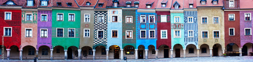 Panorama of facades of houses of old Poznan, Poland - obrazy, fototapety, plakaty 