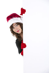 christmas woman santa claus with empty billboard isolated on whi