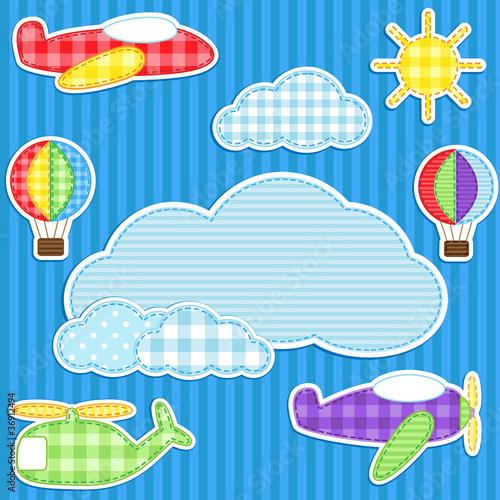 Tapeta ścienna Niebieskie tło z ładny samolot, helikopter, samolot, balony