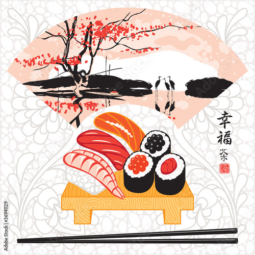 Tapeta ścienna Sushi z akwarela krajobraz