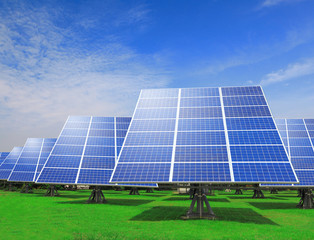  Solar Panel with green grass and beautiful blue sky