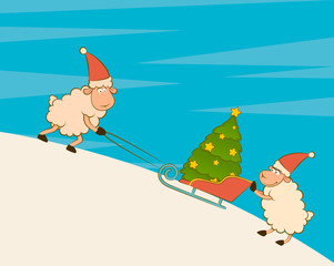 Sticker - Cartoon funny sheep heaves up sledges with fir-tree.