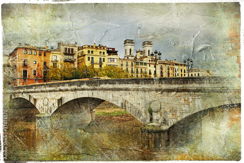 Obraz na płótnie canvas Girona, Hiszpania, artystyczny obraz retro