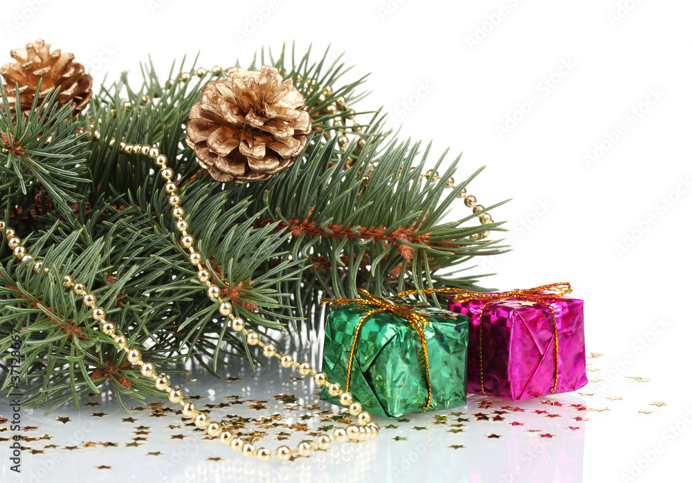 Green Christmas tree with gift and cones isolated on white