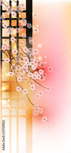 Board z aluminiowym obramowaniem Ilustracja kwitnącej gałęzi sakura. 