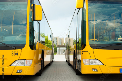 Fototapeta dla dzieci Busse parken nebeneinander auf dem Bushof