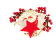 Christmas gift with red star and decorations on white background
