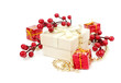 Christmas gifts and decorations on white background