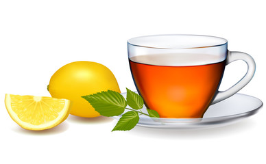 Cup of tea with leaves with lemon. Vector illustration.