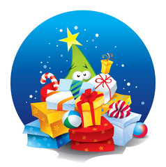 Christmas tree with lots of gifts. Vector illustration.