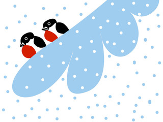 Poster - drawing two bullfinches on snow branch