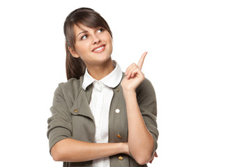 Closeup of business woman pointing at copy space