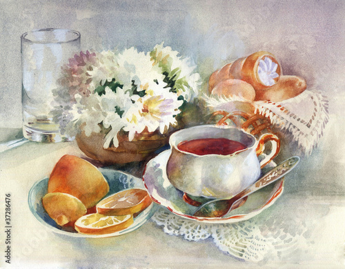 filizanka-herbaty-cytryna-kwiaty-i-ciastka-akwarela