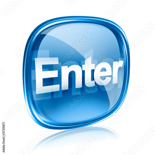 Fényképezés  Enter icon blue glass, isolated on white background