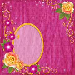 Sticker - Oval yellow frame in scrapbooking style with rose