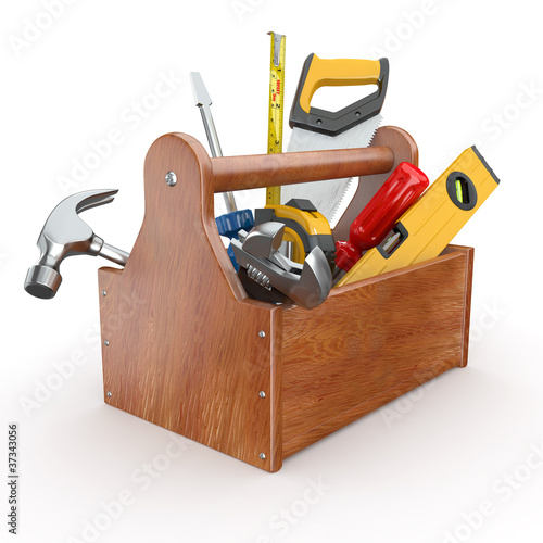 Fotografía Toolbox with tools. Skrewdriver, hammer, handsaw and wrench