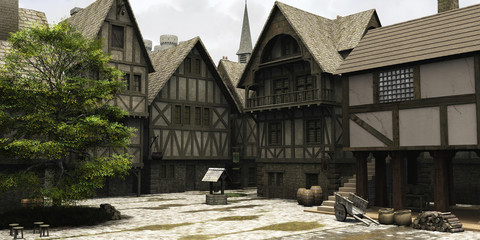 Fototapete - Medieval or Fantasy Town Centre Marketplace