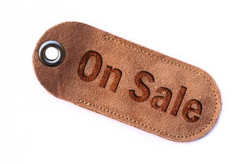 leather tag with copy on sale, isolated.