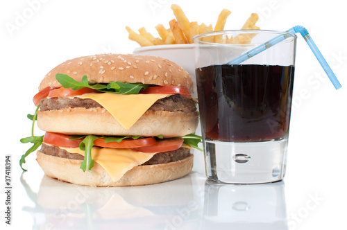 Board z aluminiowym obramowaniem Hamburger, frytki i napój coli