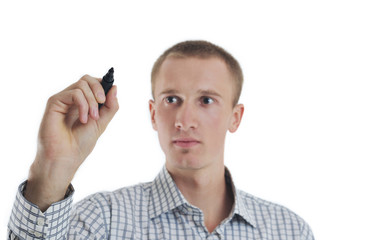 handsome young business man touching screen isolated