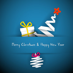 Wall Mural - simple vector blue christmas card with gift, tree and bauble