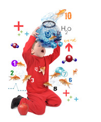 Wall Mural - young boy counting number fish on white