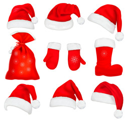 Poster - Big set of red santa hats and clothing. Vector illustration.