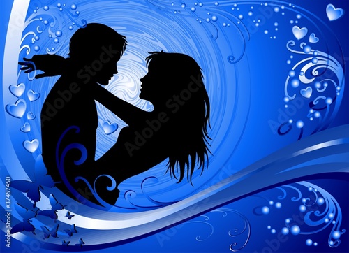 Naklejka - mata magnetyczna na lodówkę Coppia Amore Sfondo Blu-Lovers Blue Background-Vector