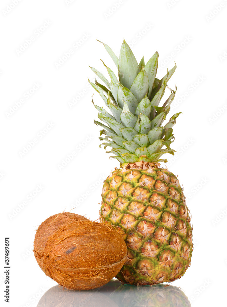 Сoconut and pineapple isolated on white