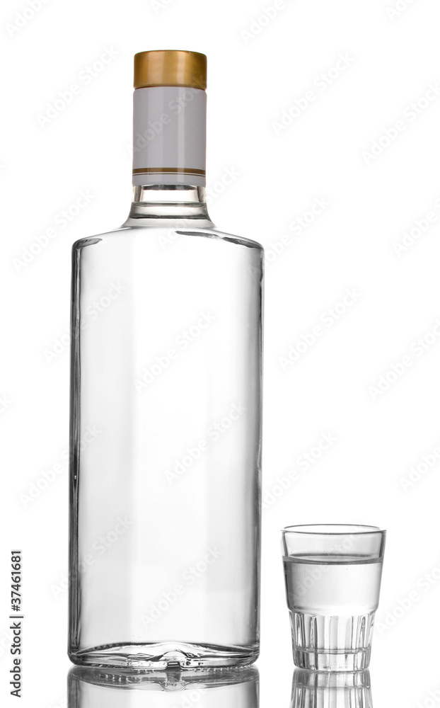 Bottle of vodka and wineglass isolated on white