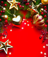 Wall Mural - art christmas frame with christmas decorations on red background
