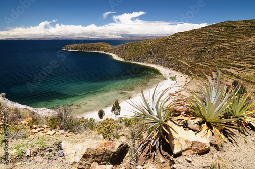 Board z aluminiowym obramowaniem Jezioro Titicaca, Boliwia, Isla del Sol krajobraz