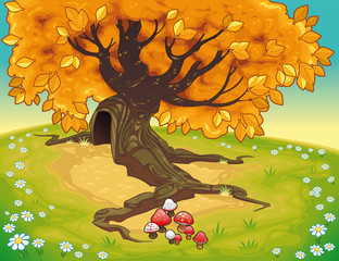 Wall Mural - Tree in autumnal landscape. Vector coloured illustration